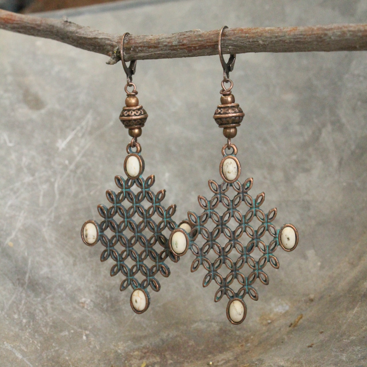 Copper Verdigris White Turquoise Dangle Earrings