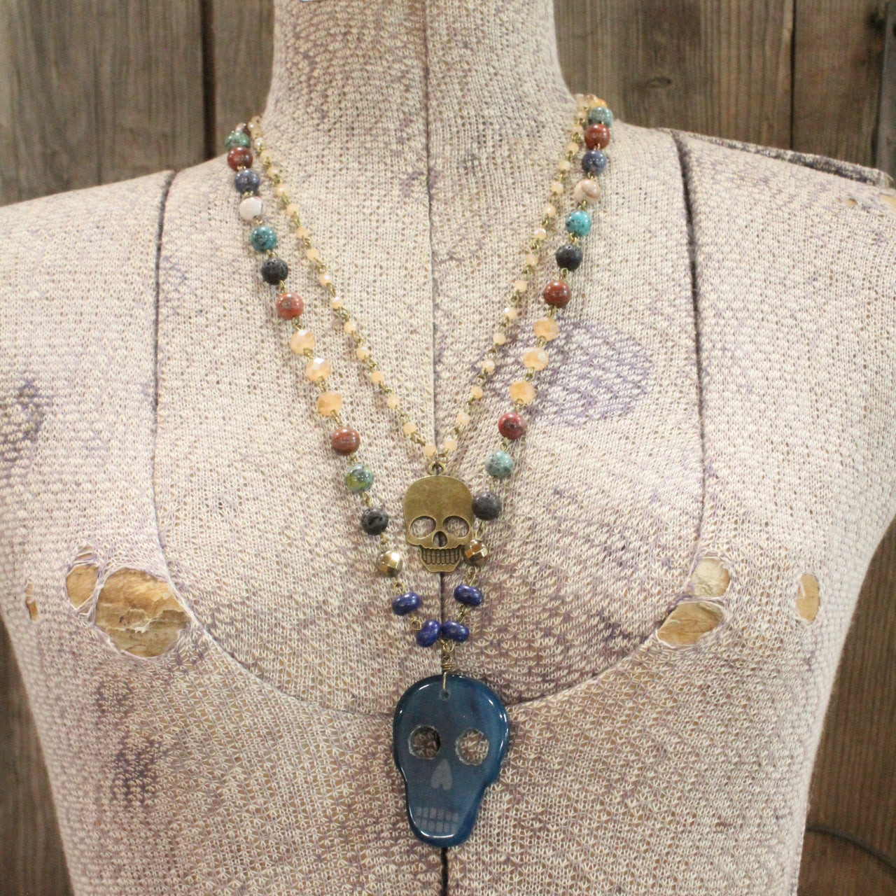 Sugar Skull Blue Layered Necklace