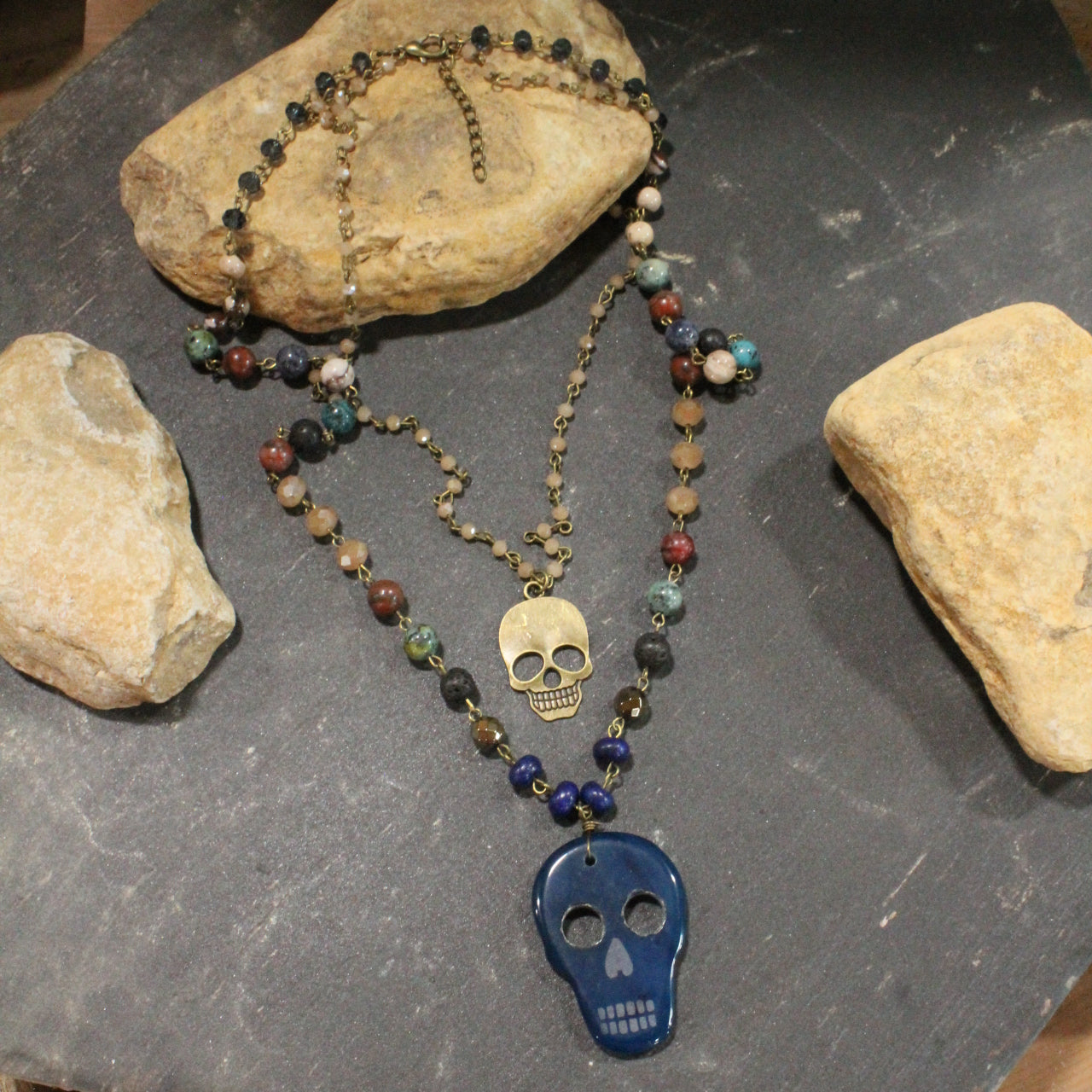 Sugar Skull Blue Layered Necklace