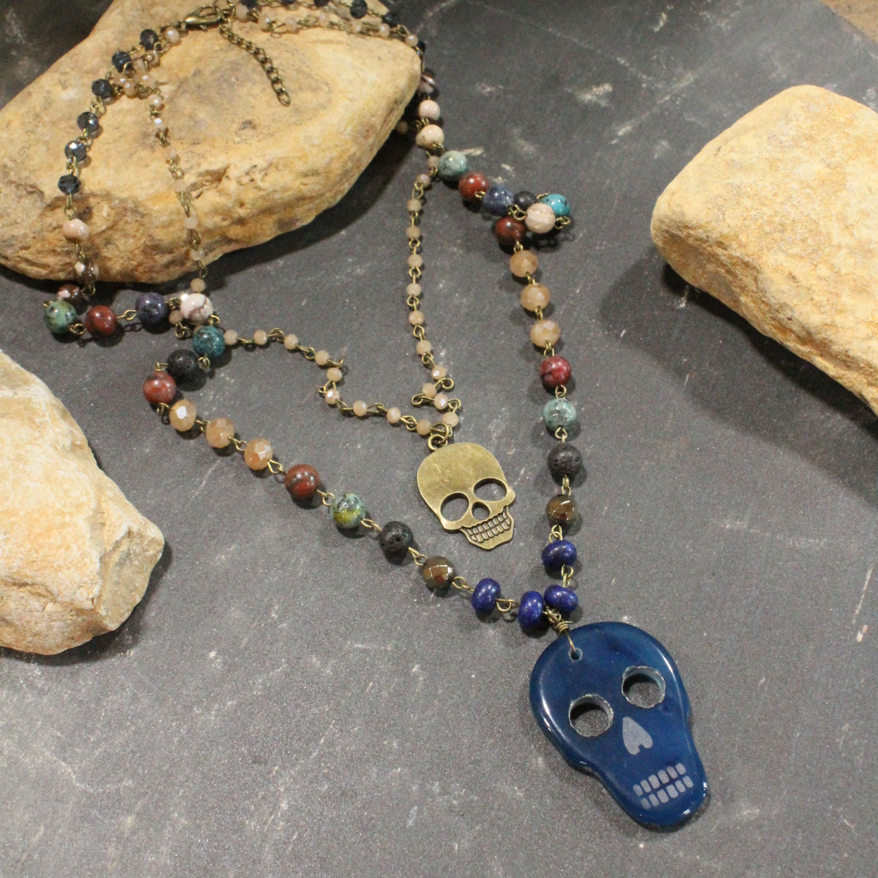 Sugar Skull Blue Layered Necklace