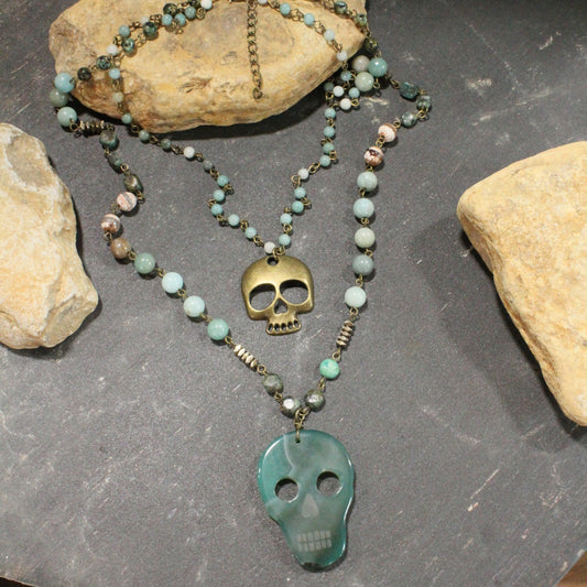 Sugar Skull Green Layered Necklace