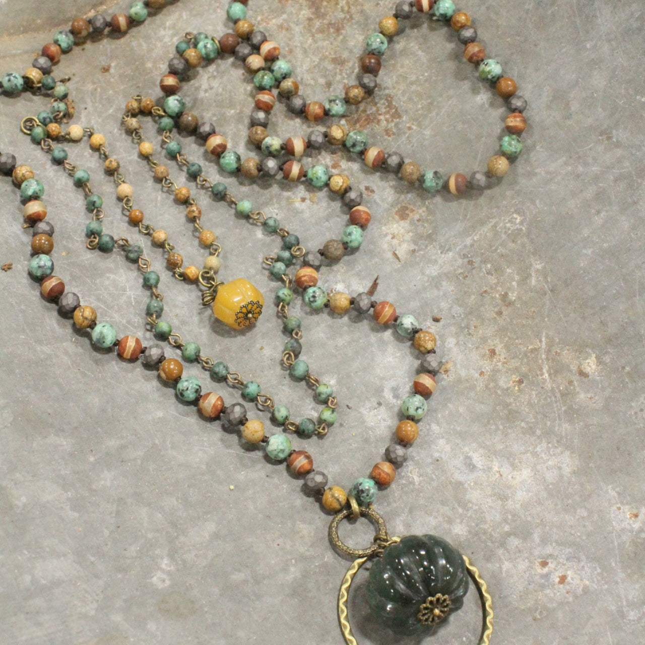 Mixed Stone & Rosary Layered Pumpkin Drop Necklace