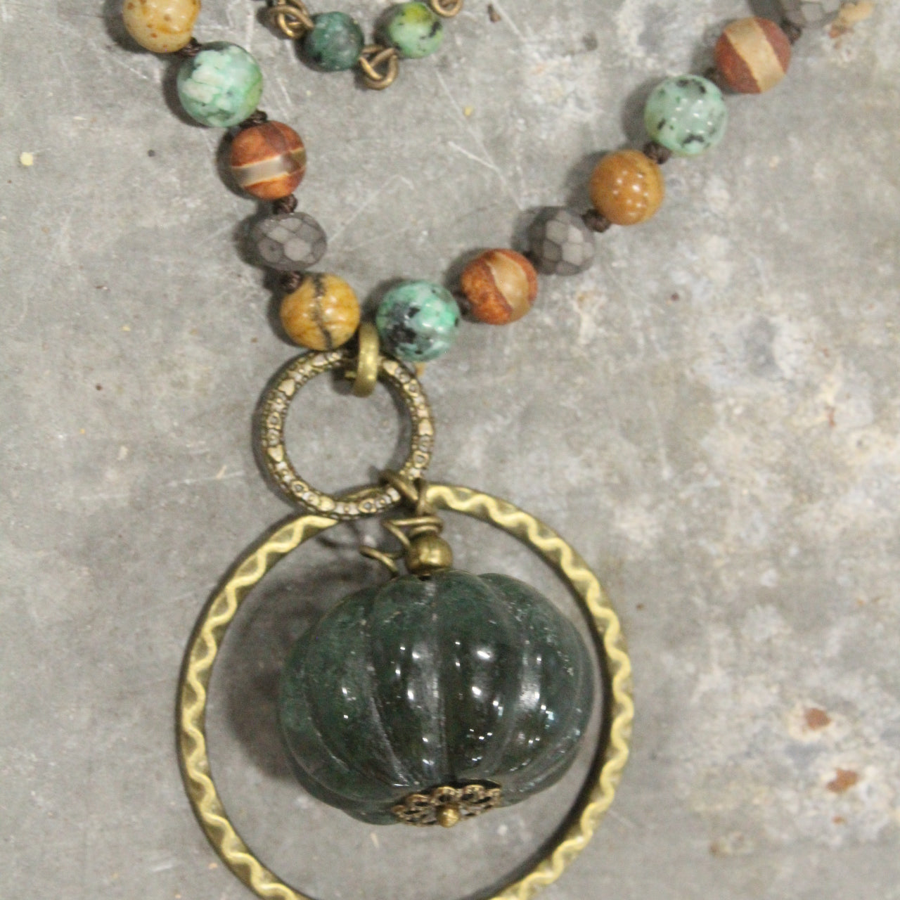 Mixed Stone & Rosary Layered Pumpkin Drop Necklace