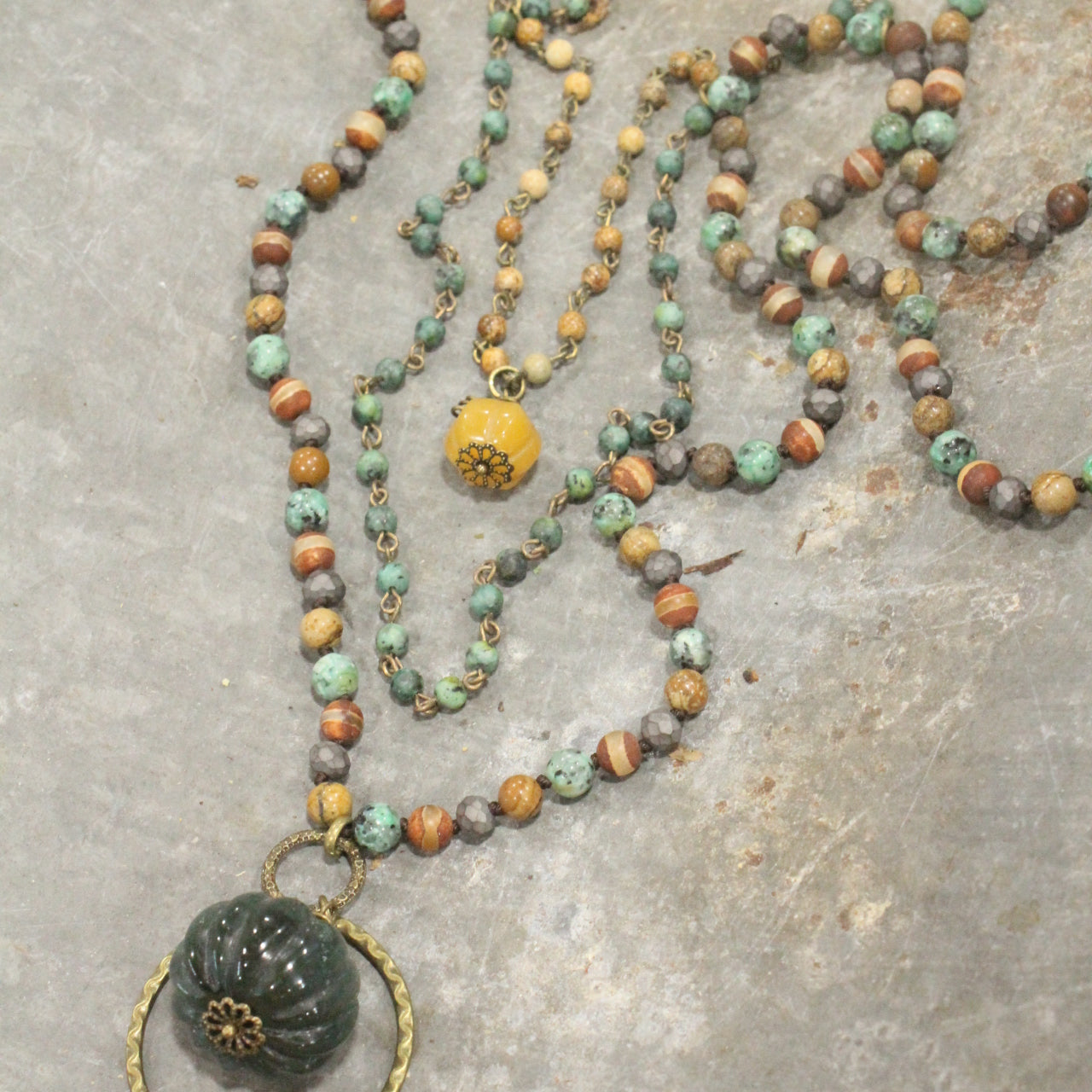 Mixed Stone & Rosary Layered Pumpkin Drop Necklace