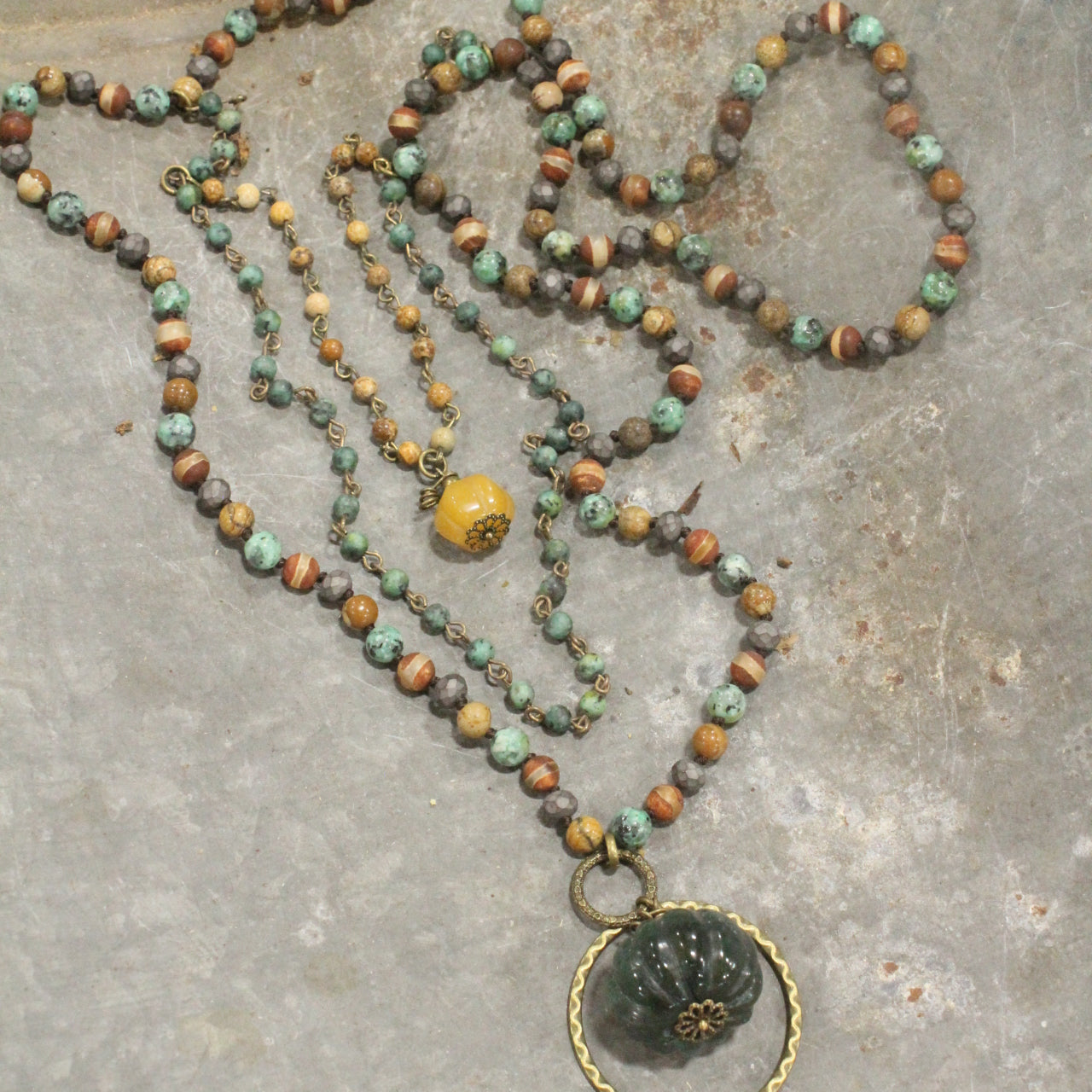 Mixed Stone & Rosary Layered Pumpkin Drop Necklace