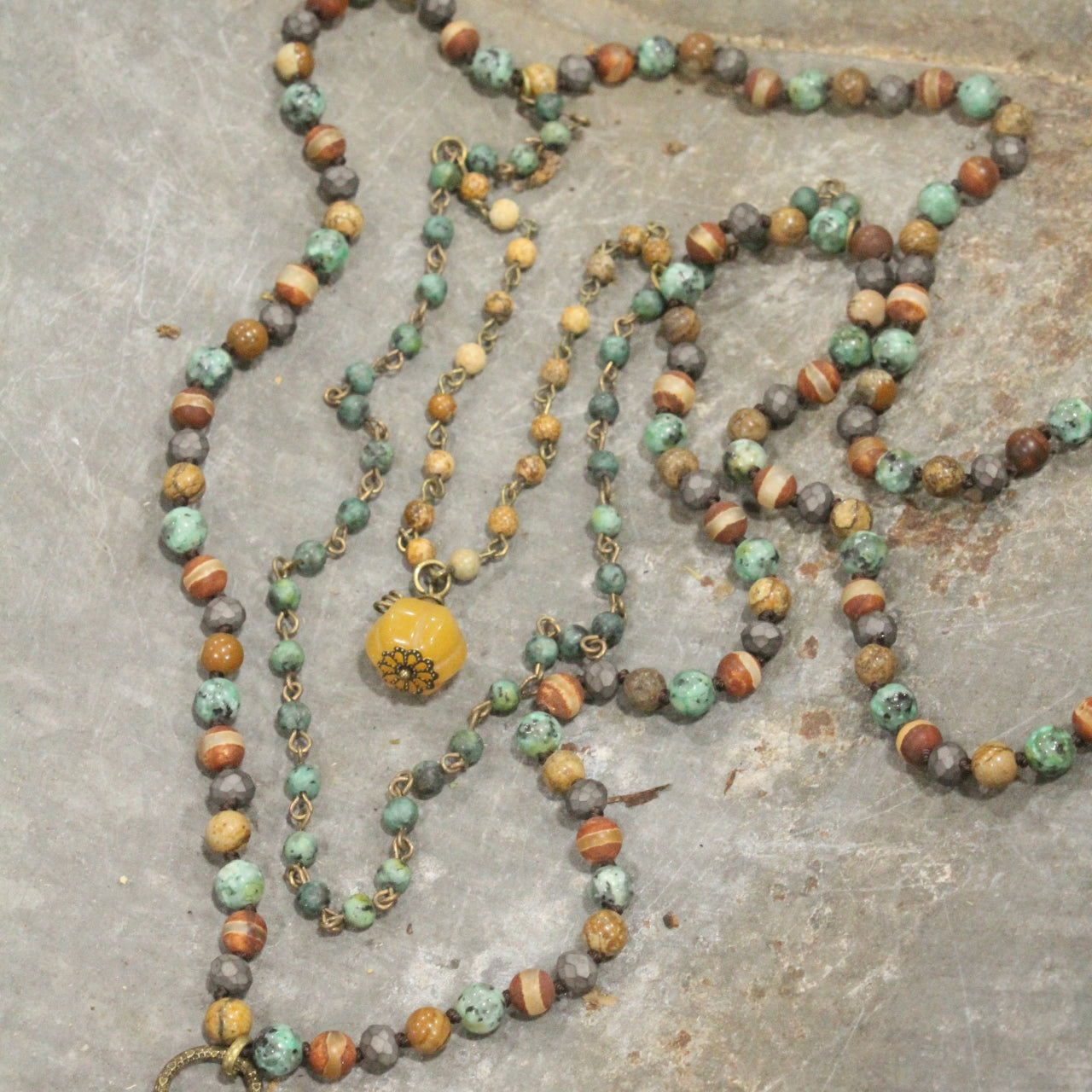 Mixed Stone & Rosary Layered Pumpkin Drop Necklace