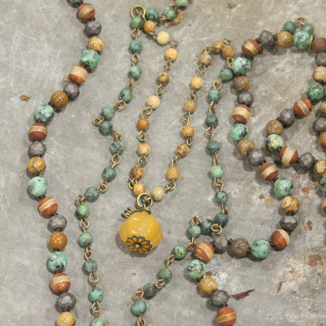 Mixed Stone & Rosary Layered Pumpkin Drop Necklace