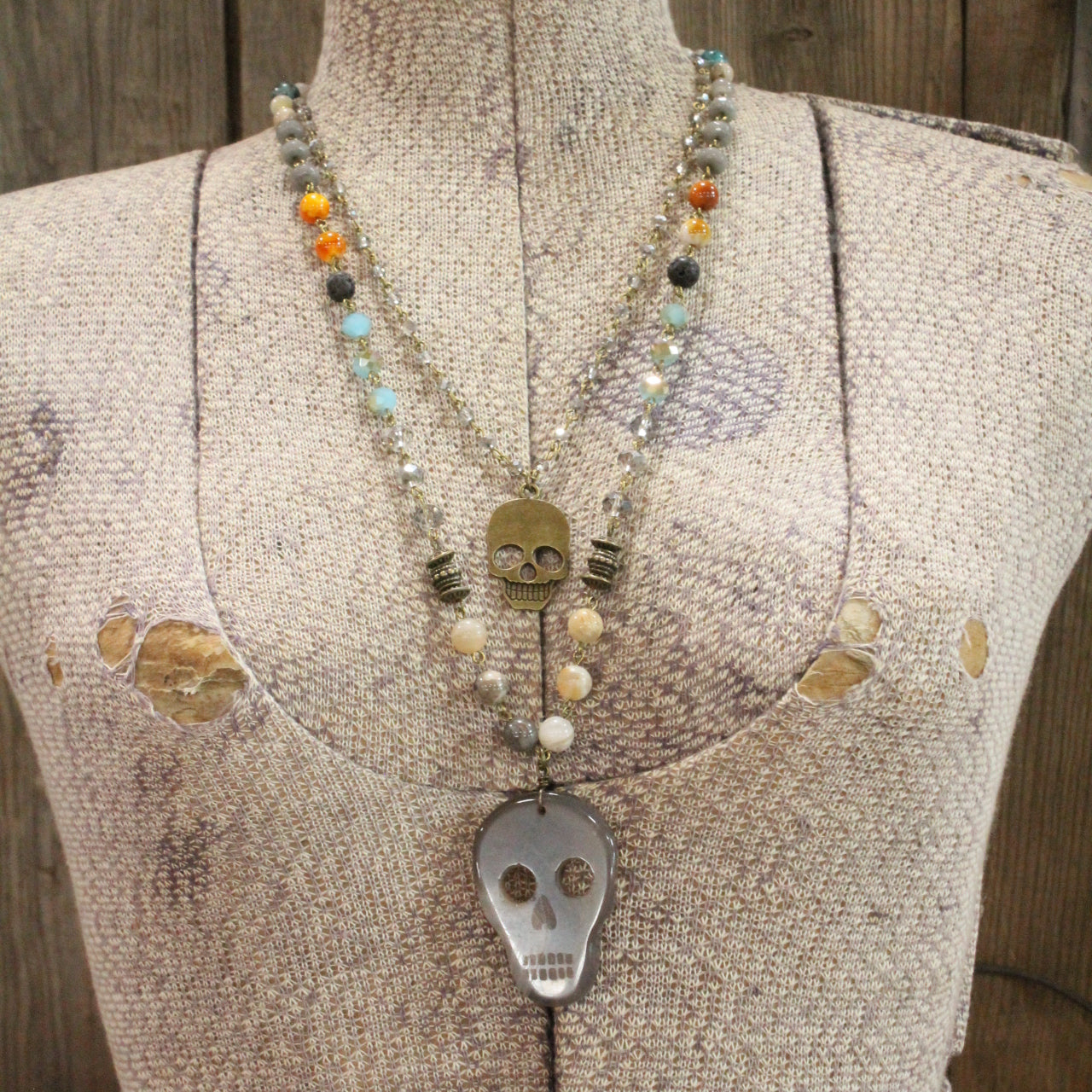 Sugar Skull Gray Layered Necklace