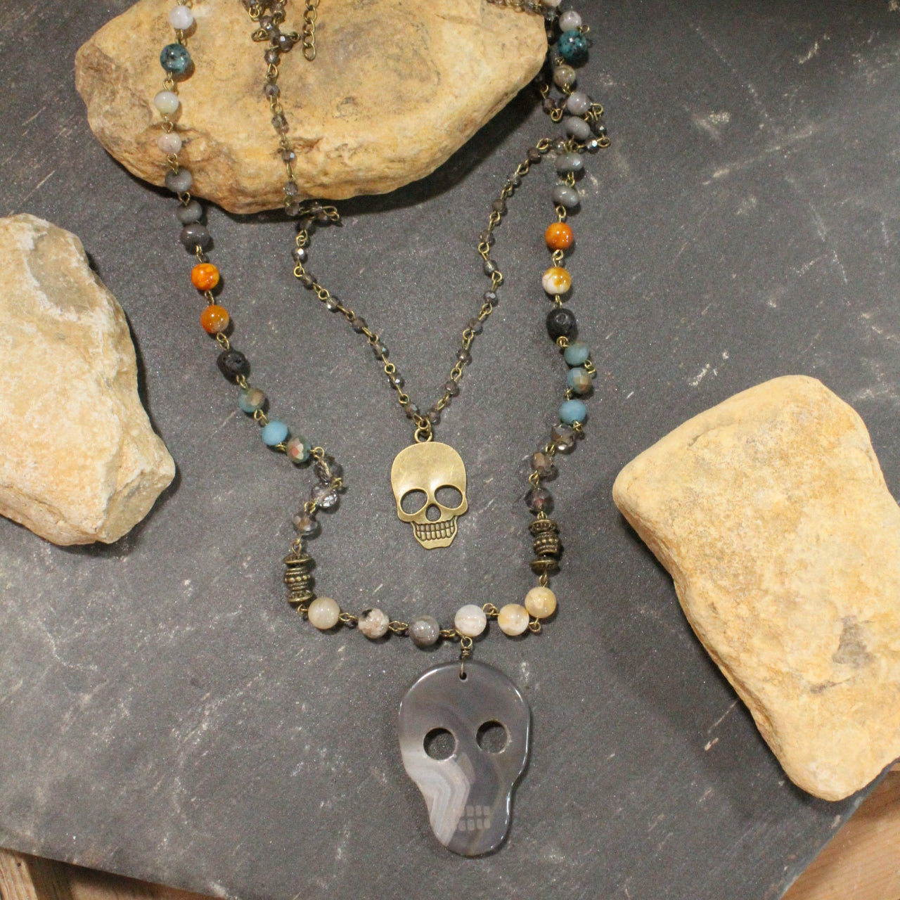 Sugar Skull Gray Layered Necklace