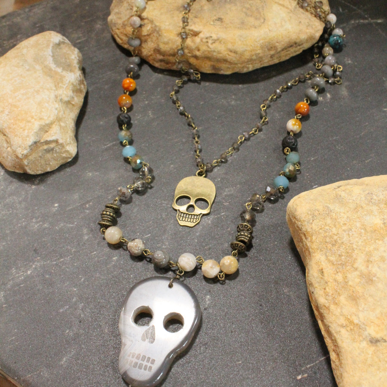 Sugar Skull Gray Layered Necklace