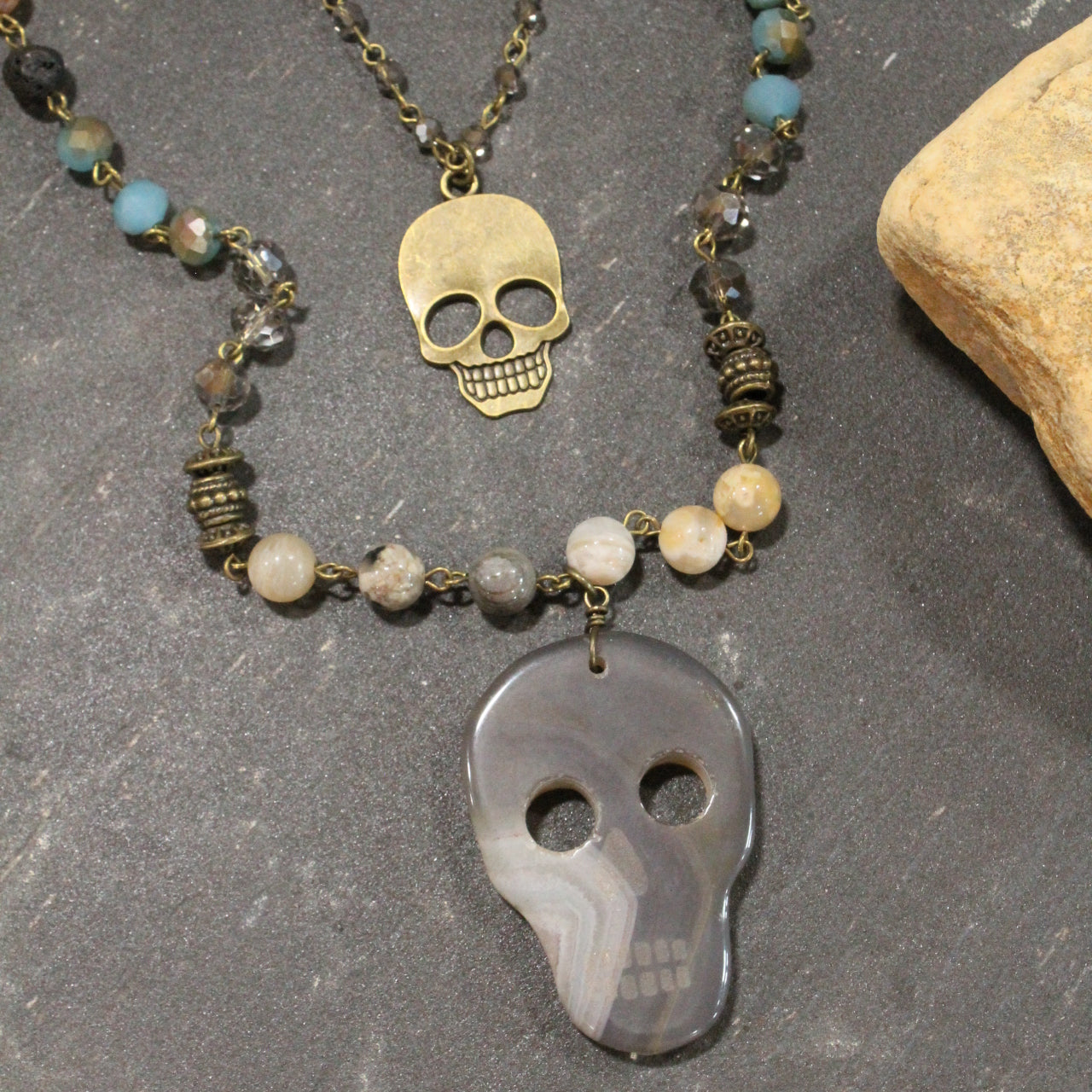 Sugar Skull Gray Layered Necklace