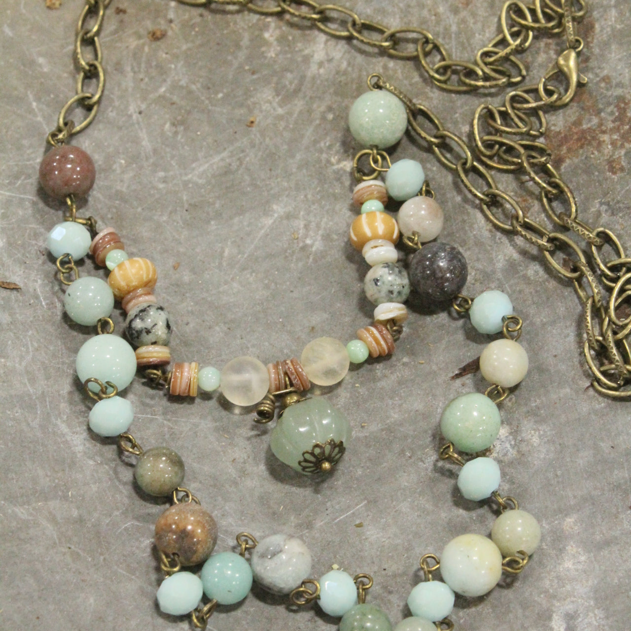 Jasper Stone & Pumpkin Drop Layered Pendant Necklace