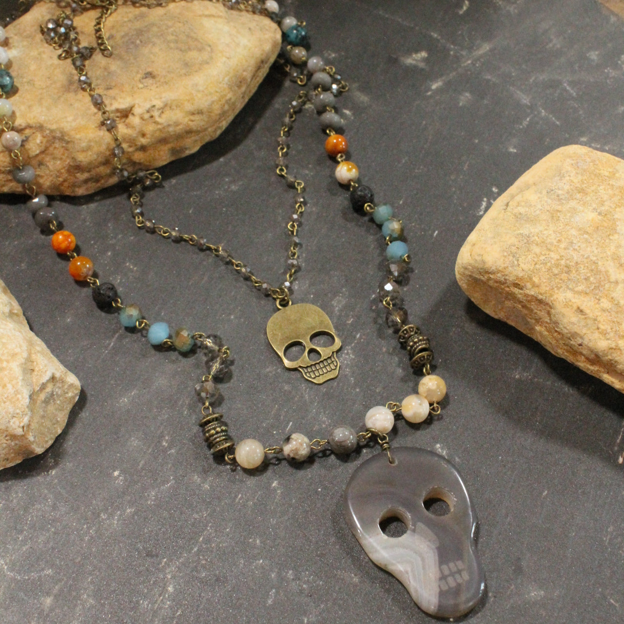 Sugar Skull Gray Layered Necklace