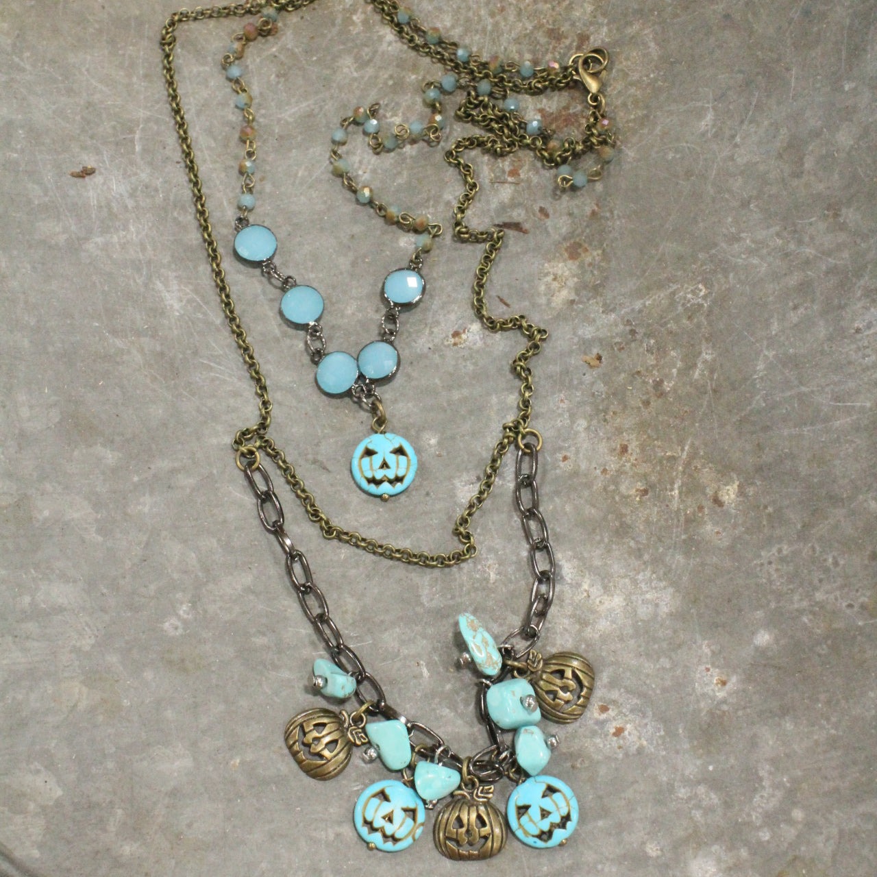 Turquoise & Pumpkin Jack Mixed Metal Layered Necklace