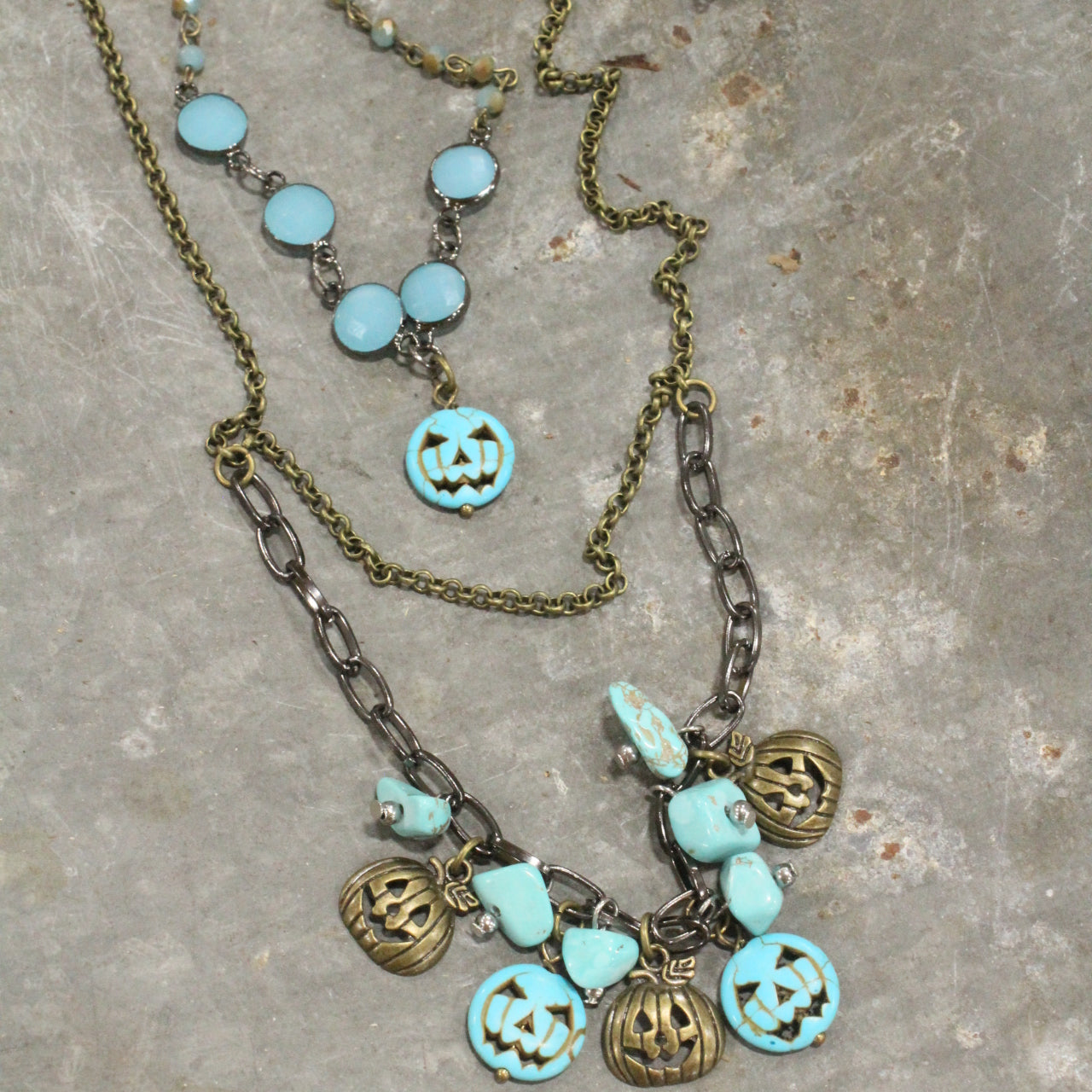 Turquoise & Pumpkin Jack Mixed Metal Layered Necklace