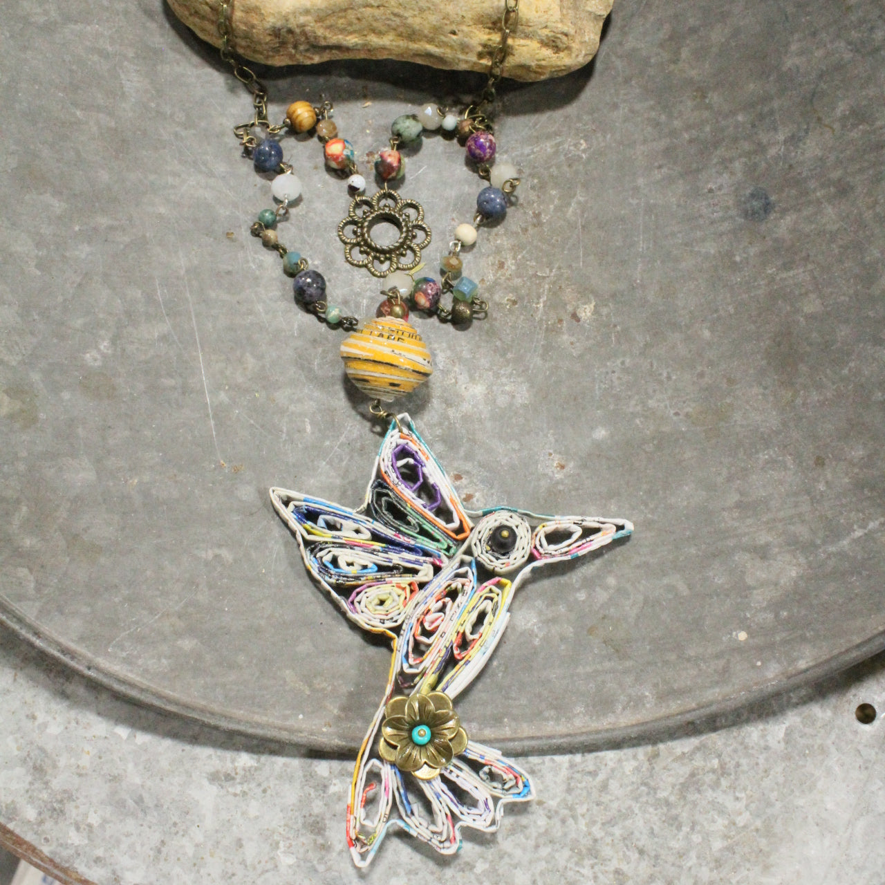 Recycled Hummingbird On Flight Layered Necklace