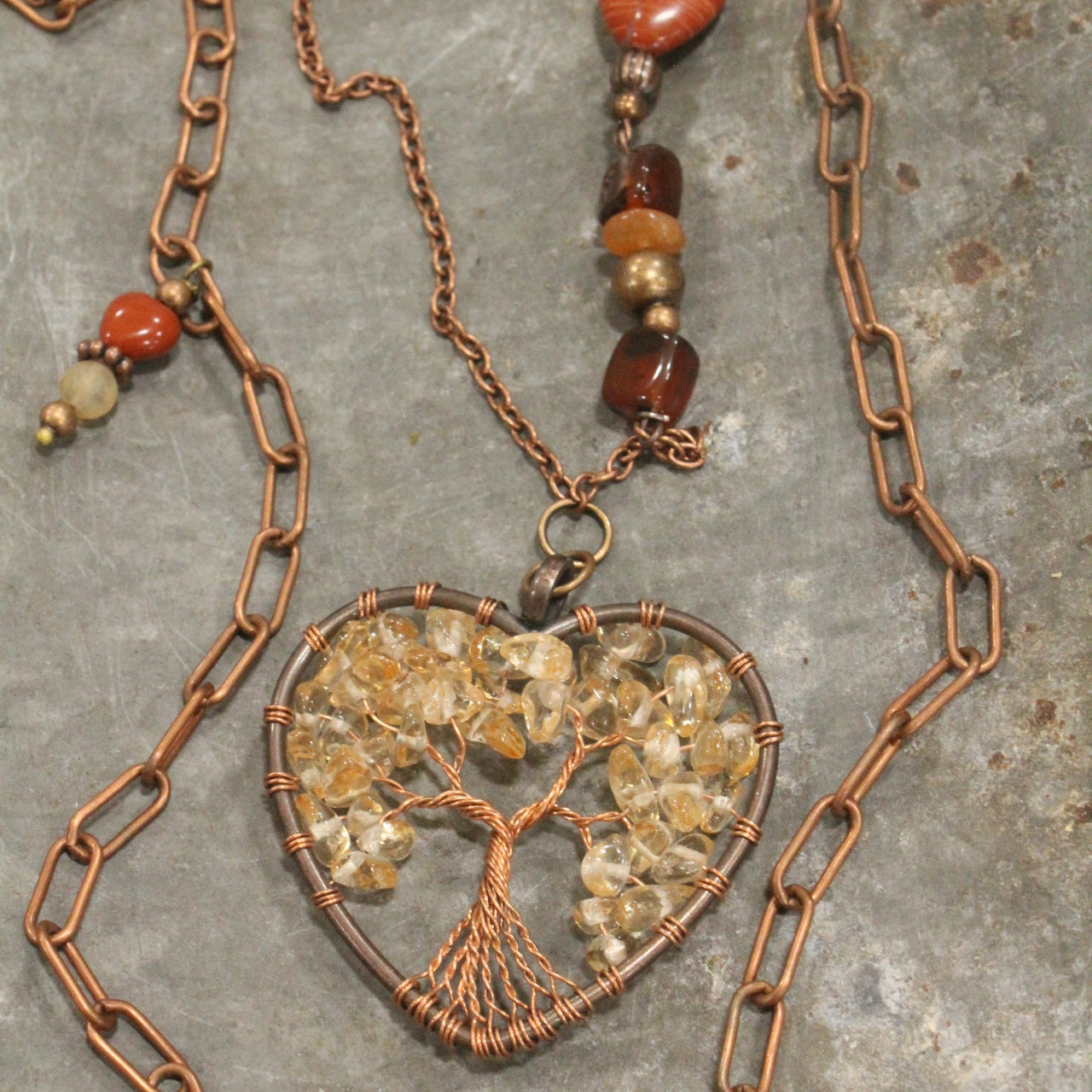 Bohemian Layered Copper Heart & Layered Rusty Stone Necklace