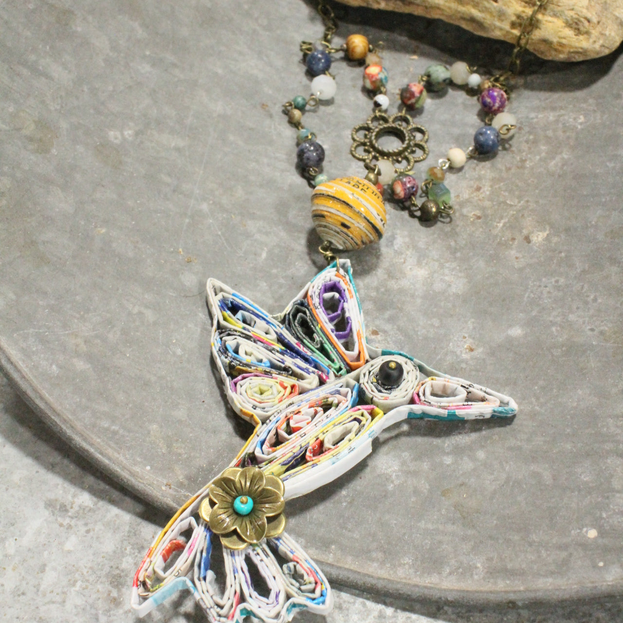 Recycled Hummingbird On Flight Layered Necklace