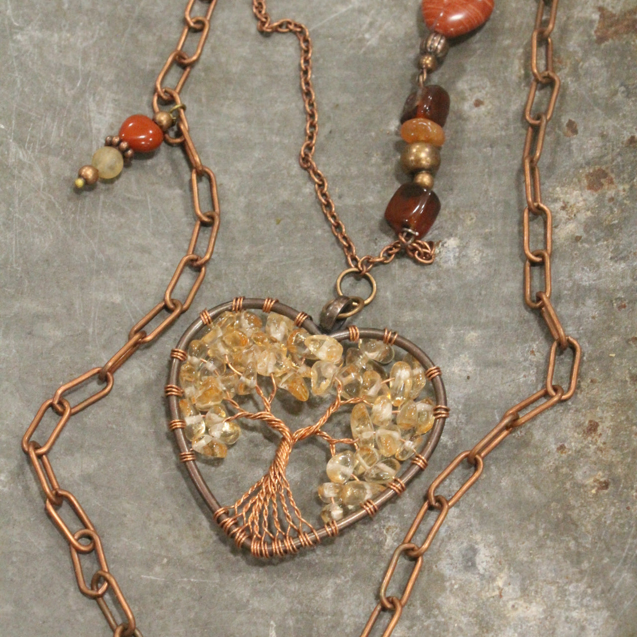 Bohemian Layered Copper Heart & Layered Rusty Stone Necklace