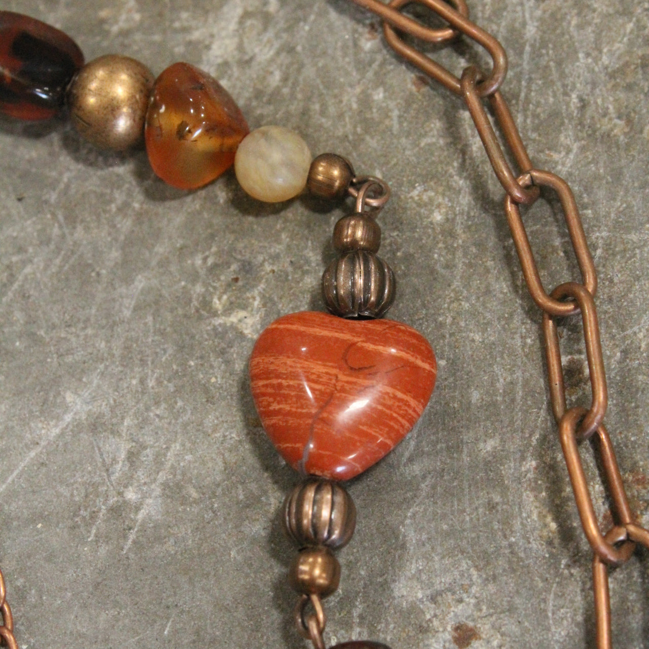 Bohemian Layered Copper Heart & Layered Rusty Stone Necklace