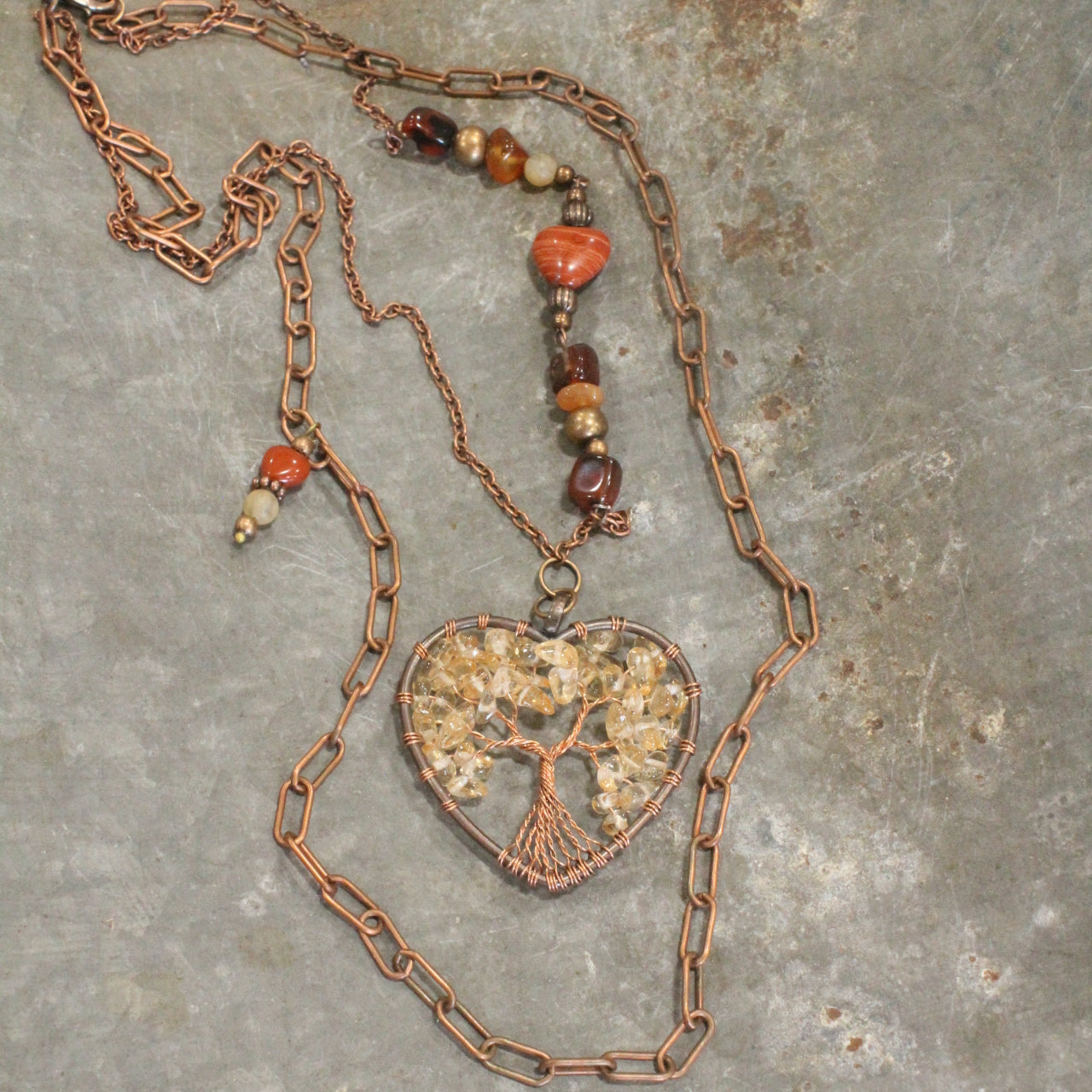 Bohemian Layered Copper Heart & Layered Rusty Stone Necklace