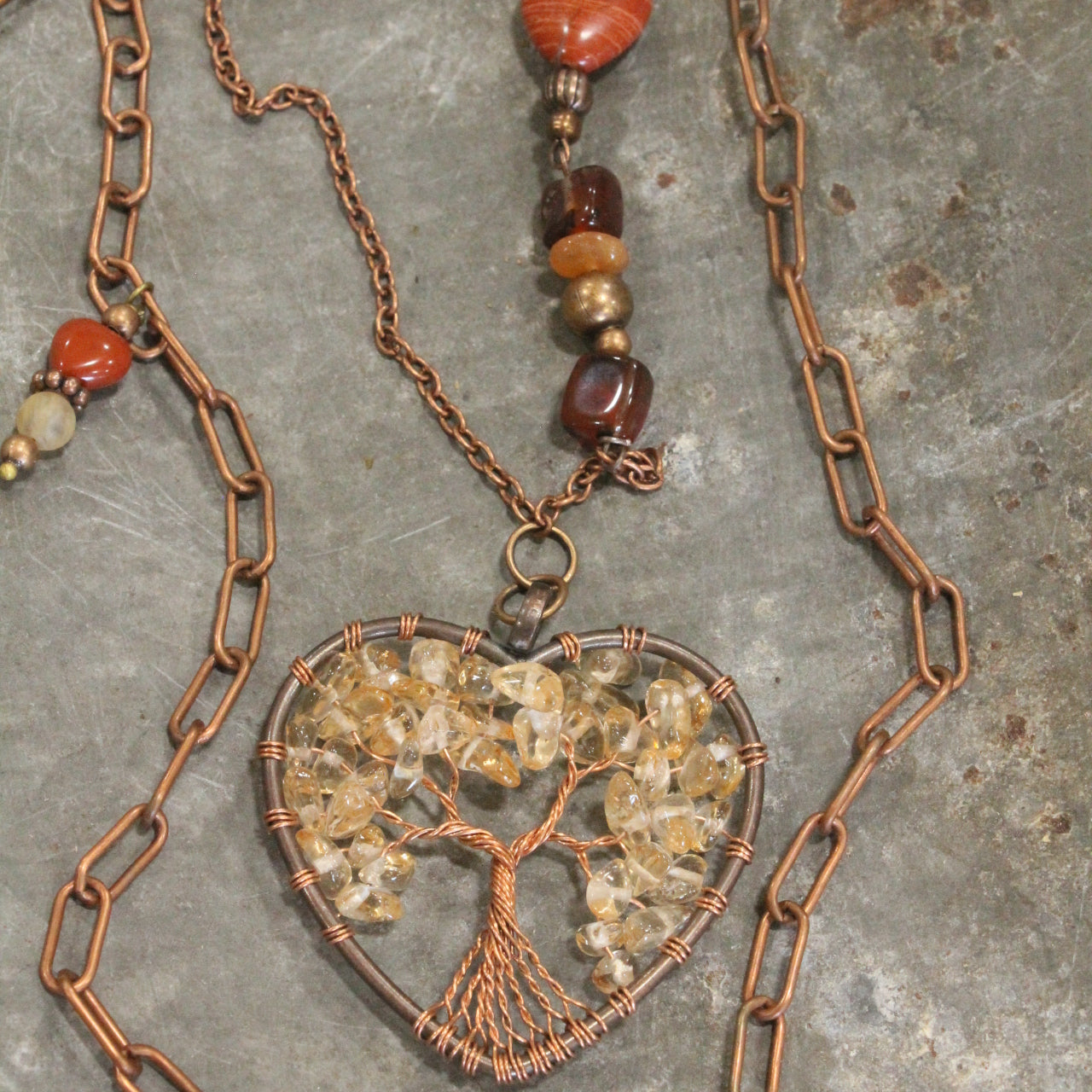 Bohemian Layered Copper Heart & Layered Rusty Stone Necklace