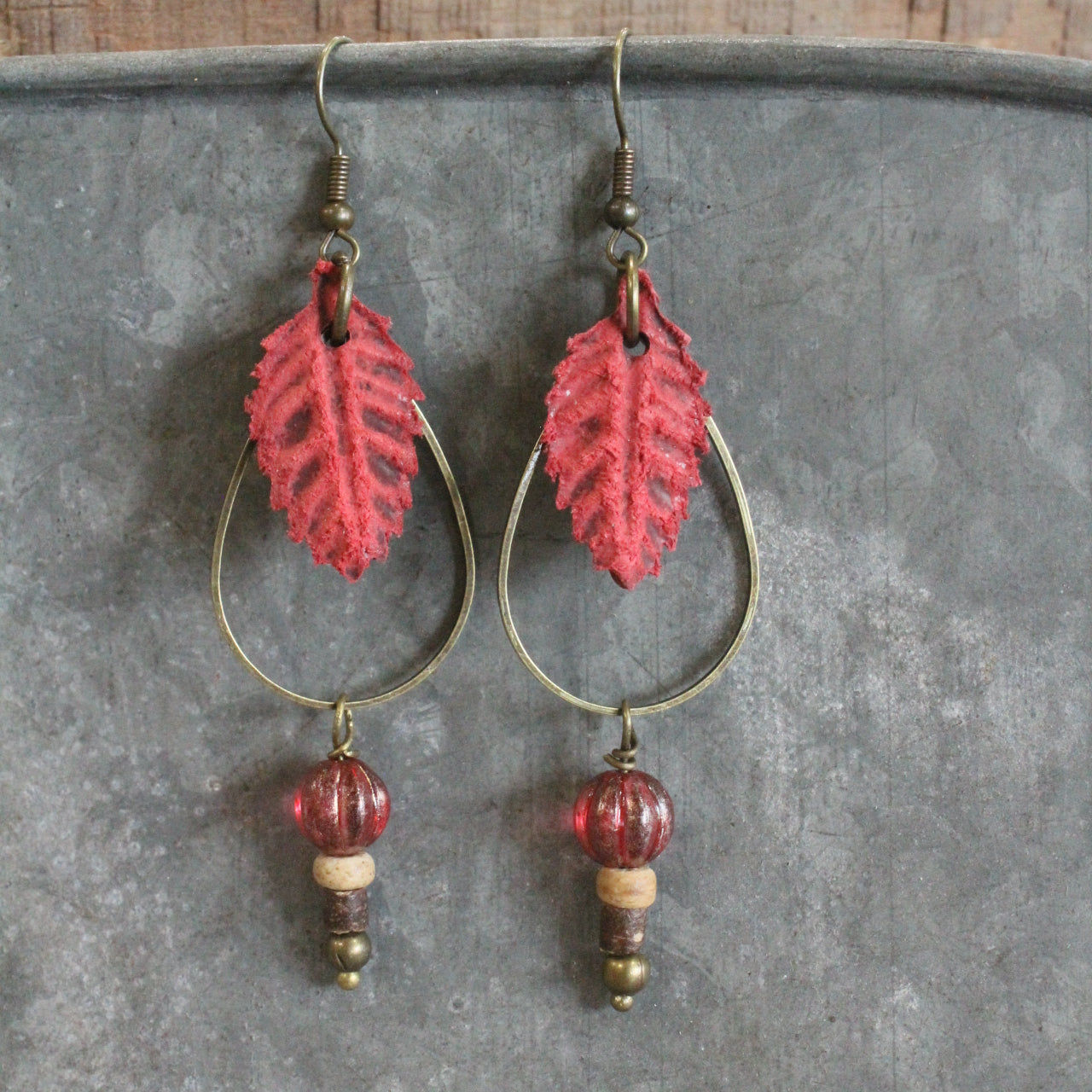 Rich Rust Leather Leaf Fall Dangle Earrings