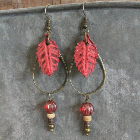 Rich Rust Leather Leaf Fall Dangle Earrings