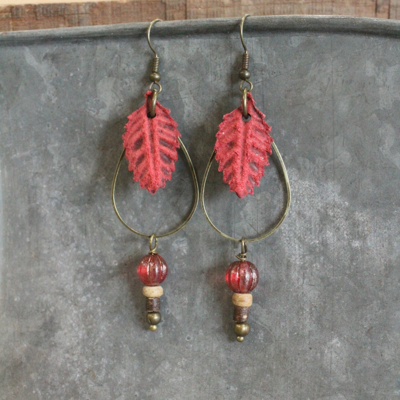 Rich Rust Leather Leaf Fall Dangle Earrings