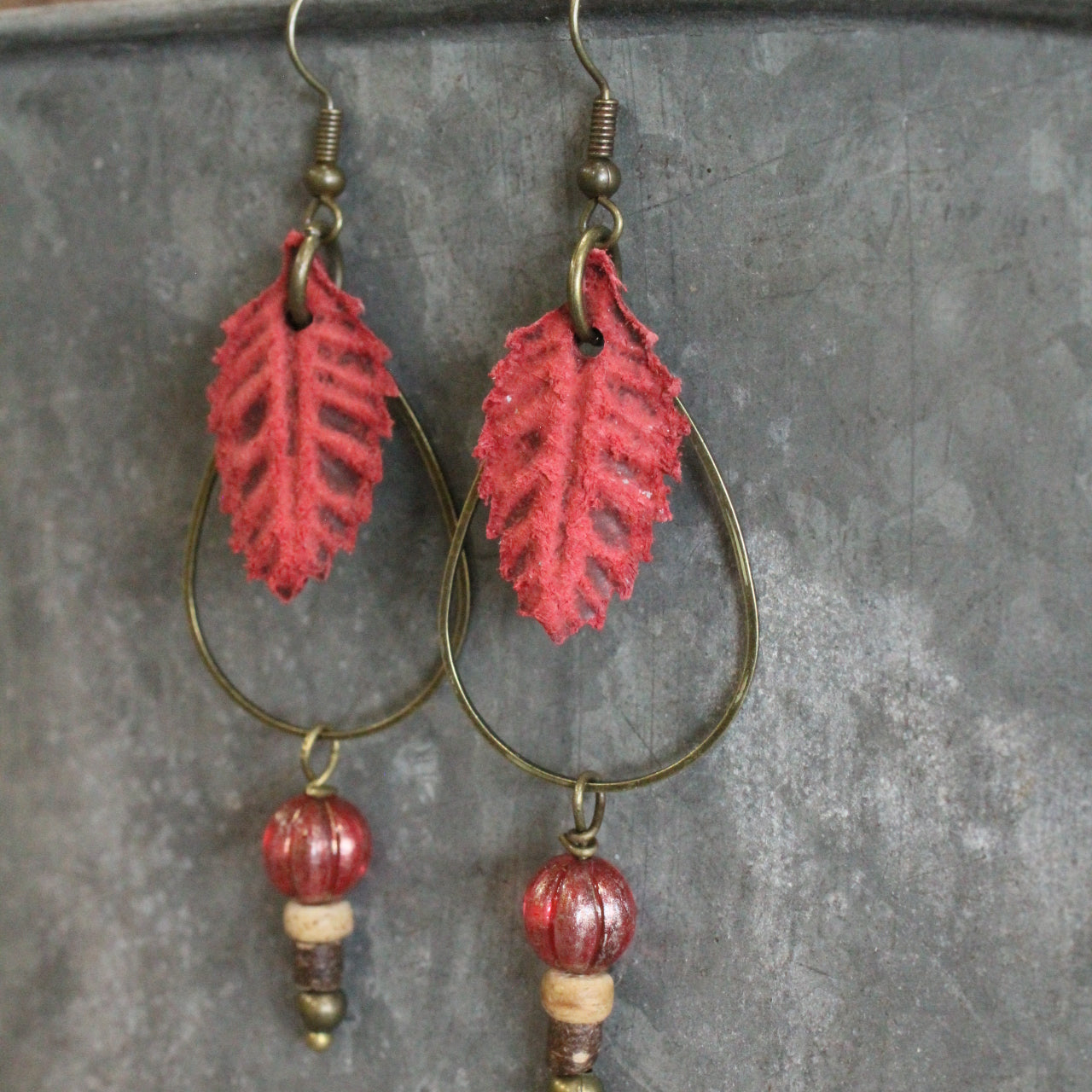 Rich Rust Leather Leaf Fall Dangle Earrings