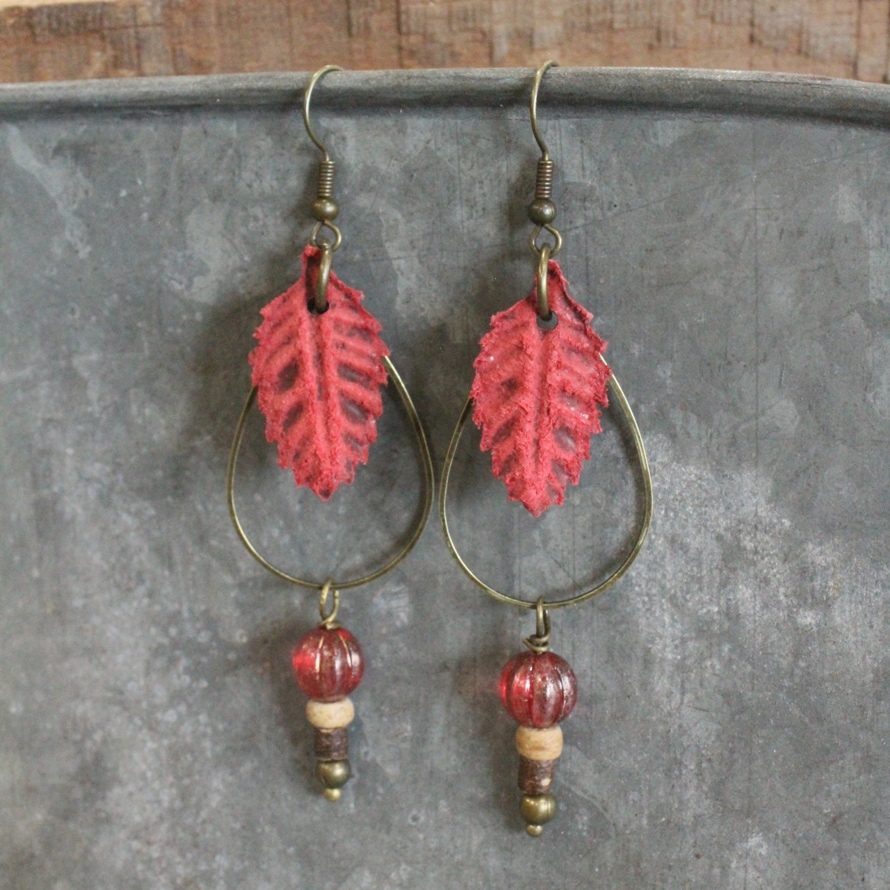 Rich Rust Leather Leaf Fall Dangle Earrings