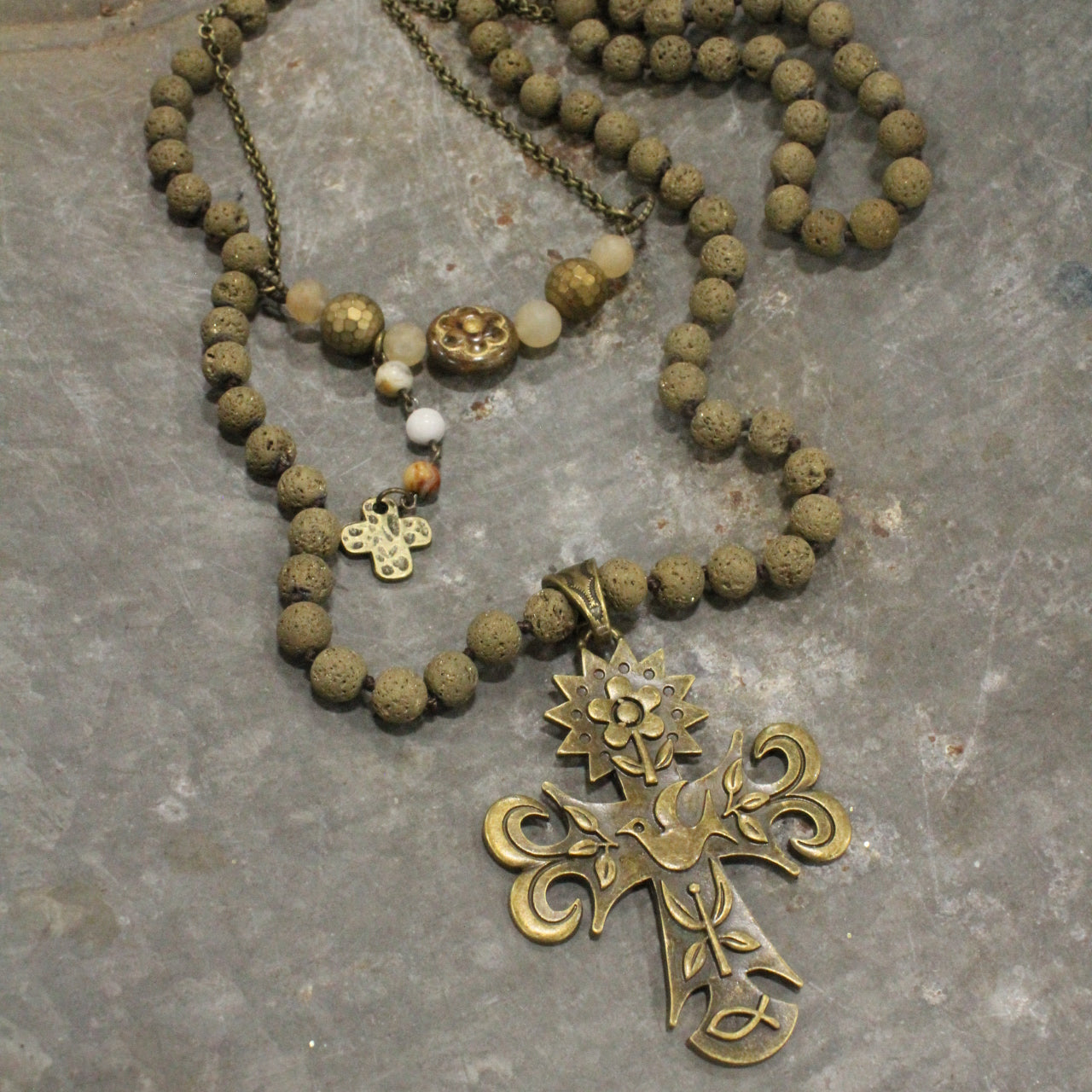 Vintage Czech & Distressed Bronze Pendant Cross Layered Necklace Set