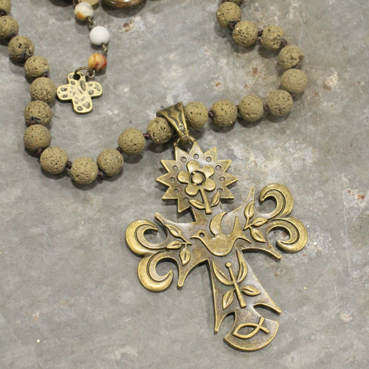 Vintage Czech & Distressed Bronze Pendant Cross Layered Necklace Set