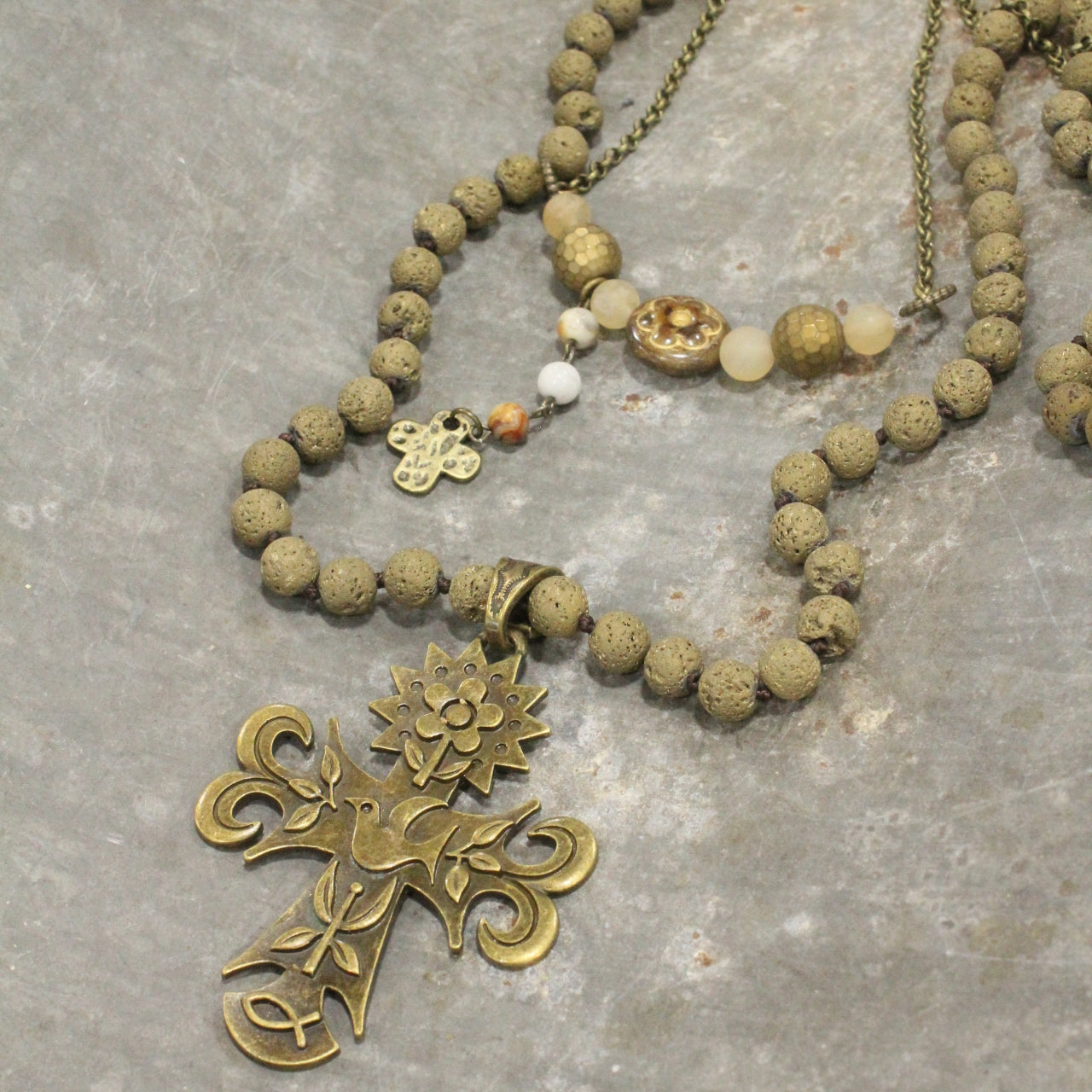 Vintage Czech & Distressed Bronze Pendant Cross Layered Necklace Set