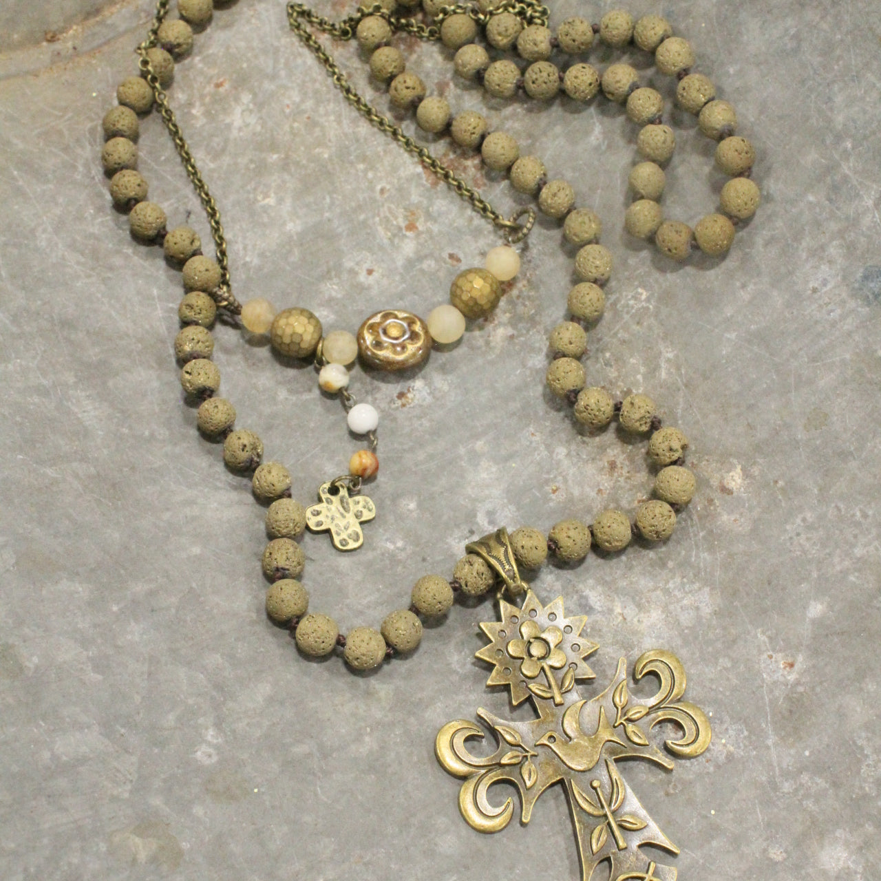 Vintage Czech & Distressed Bronze Pendant Cross Layered Necklace Set