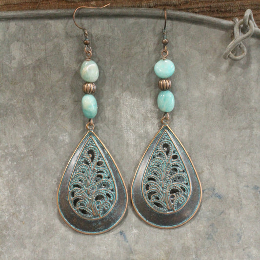 Stone Nuggets & Copper Filigree Drop Earrings