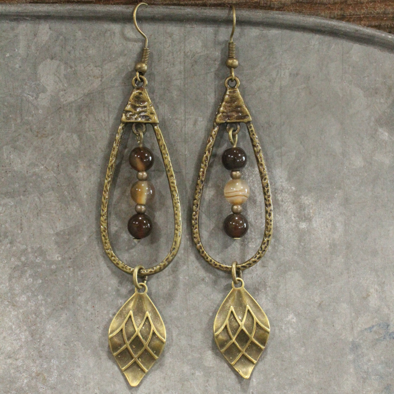 Bronze & Shades Of Brown Stone Pendant Drop Earrings