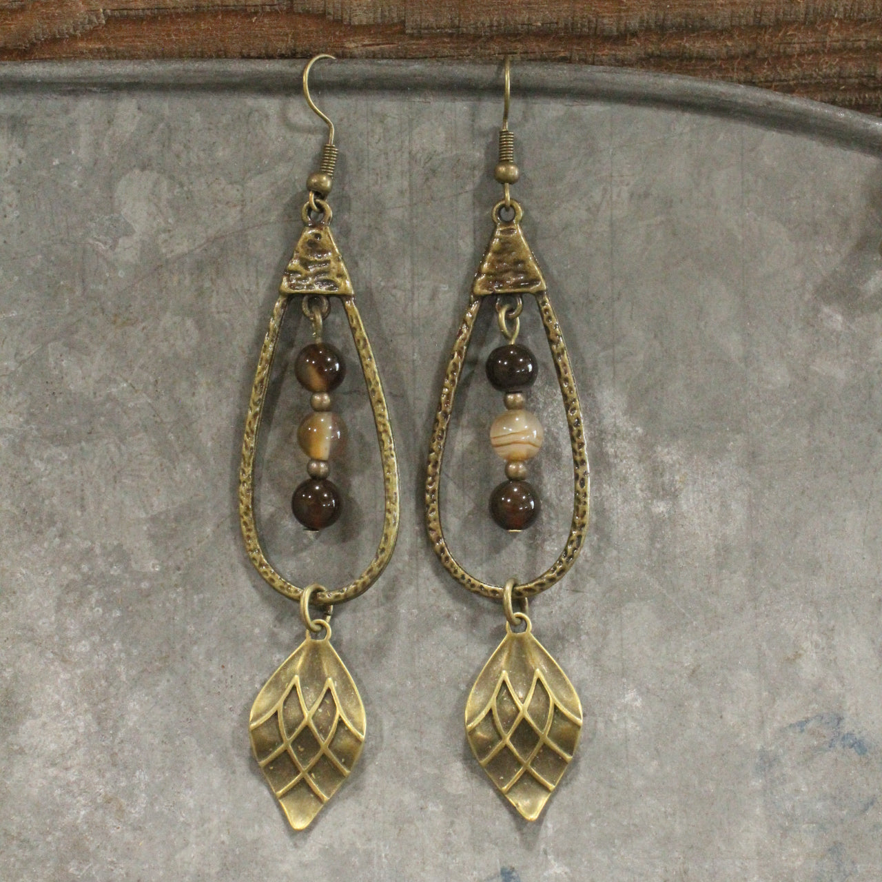 Bronze & Shades Of Brown Stone Pendant Drop Earrings