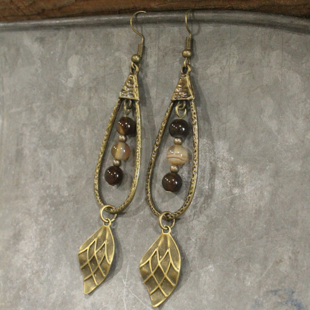 Bronze & Shades Of Brown Stone Pendant Drop Earrings