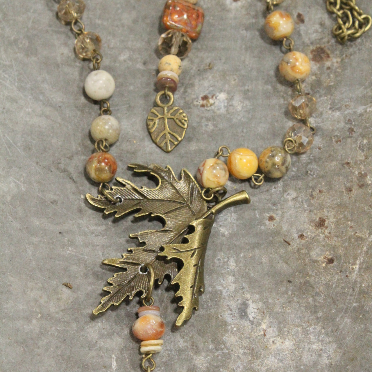 Fall Leaves, Czech Glass, & Natural Stone Drop Bronze Necklace