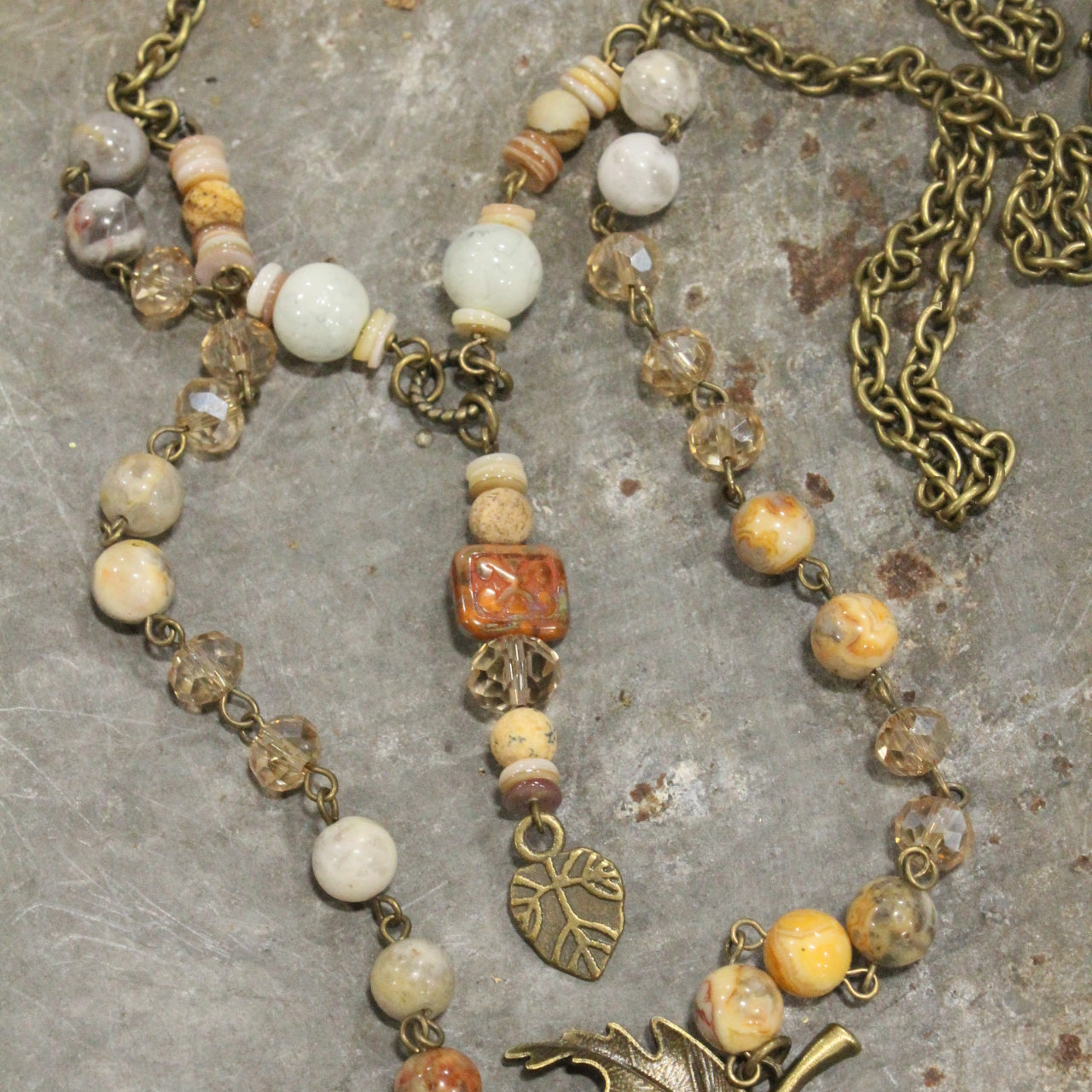 Fall Leaves, Czech Glass, & Natural Stone Drop Bronze Necklace