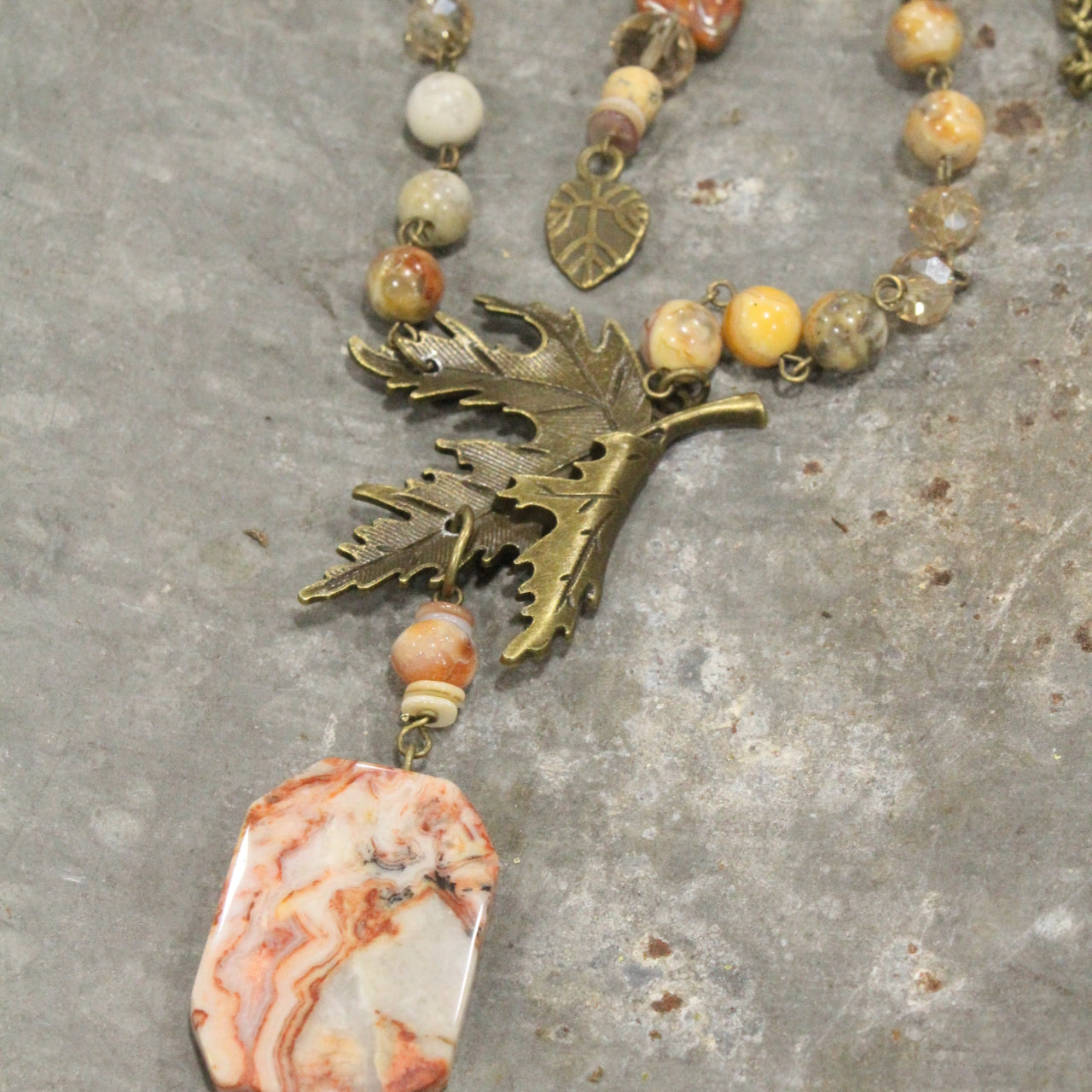 Fall Leaves, Czech Glass, & Natural Stone Drop Bronze Necklace