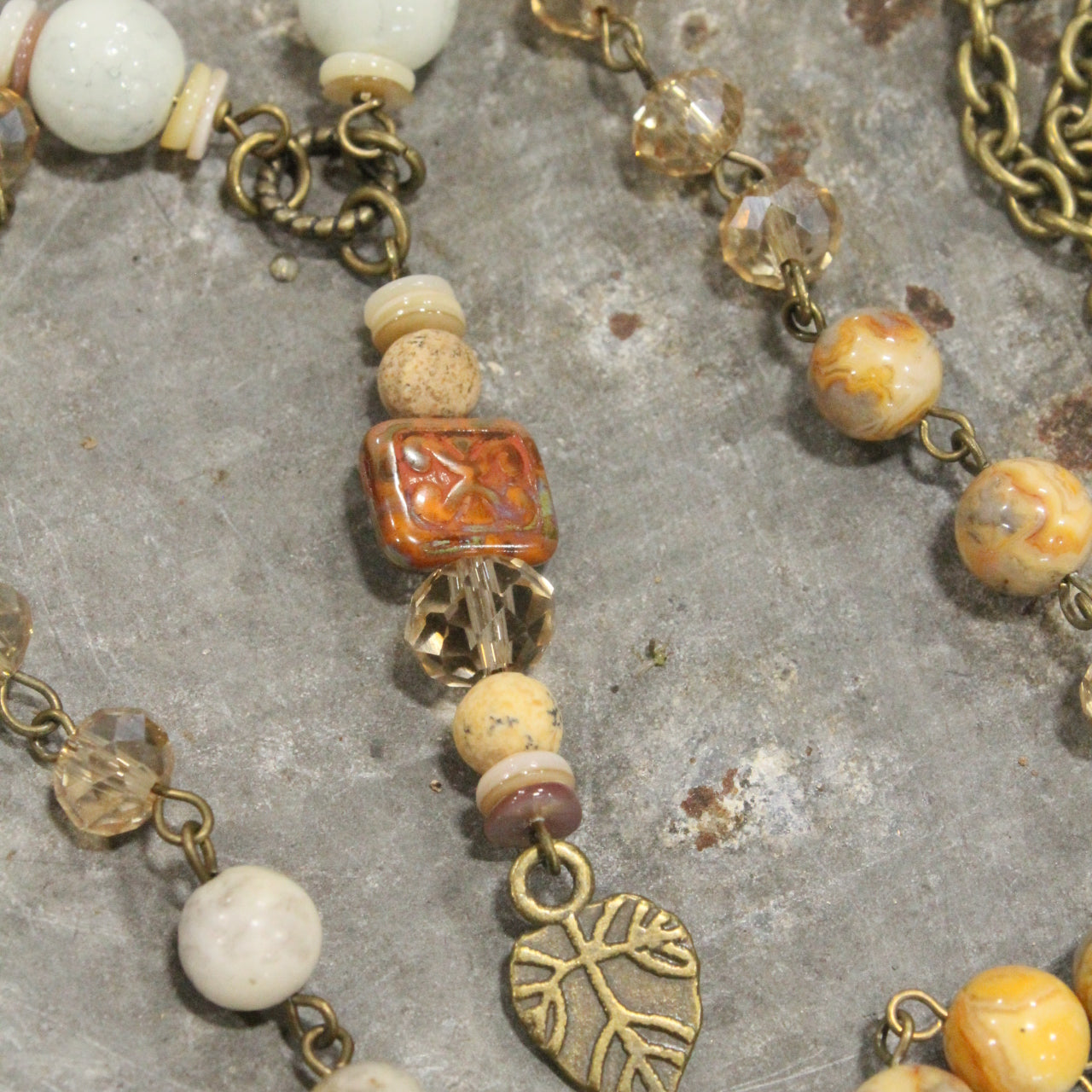 Fall Leaves, Czech Glass, & Natural Stone Drop Bronze Necklace