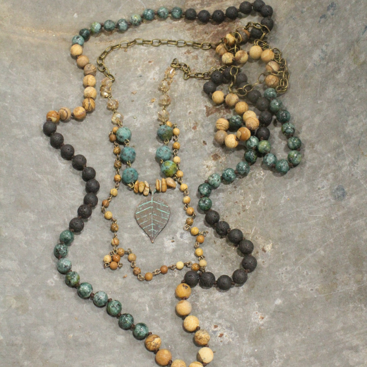 Verdigris Iron Leaf, Natural Mixed Stones, & Glass Dangle Trio Necklace Set