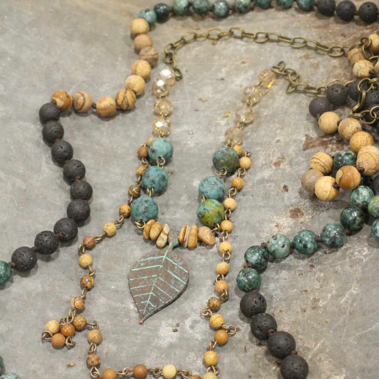 Verdigris Iron Leaf, Natural Mixed Stones, & Glass Dangle Trio Necklace Set