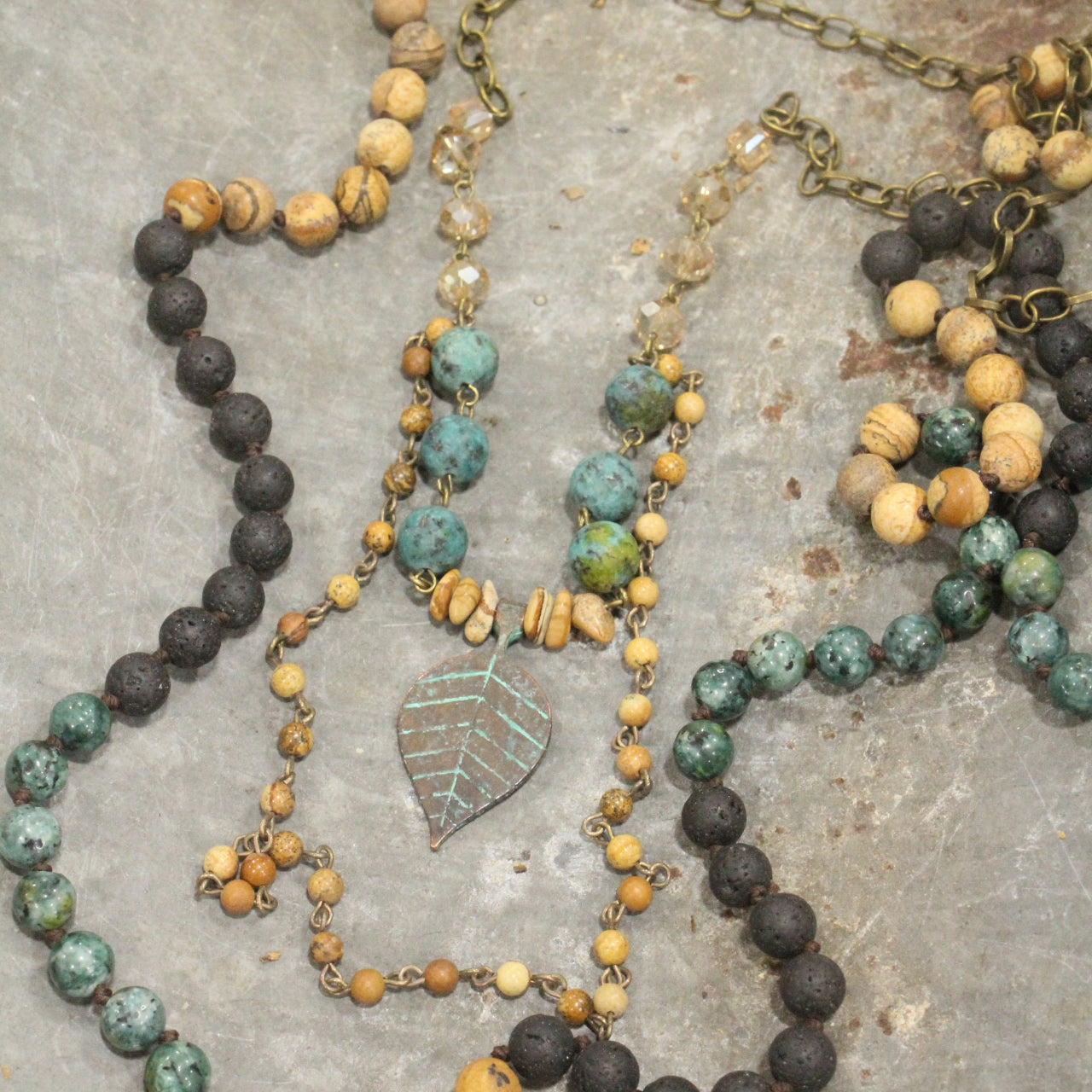 Verdigris Iron Leaf, Natural Mixed Stones, & Glass Dangle Trio Necklace Set