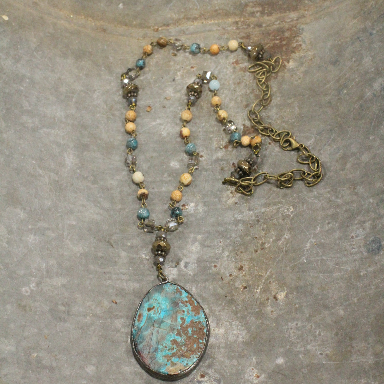 Bohemian Stone & Rosary Chain Rich Teal/Chocolate Pendant Drop Necklace Set