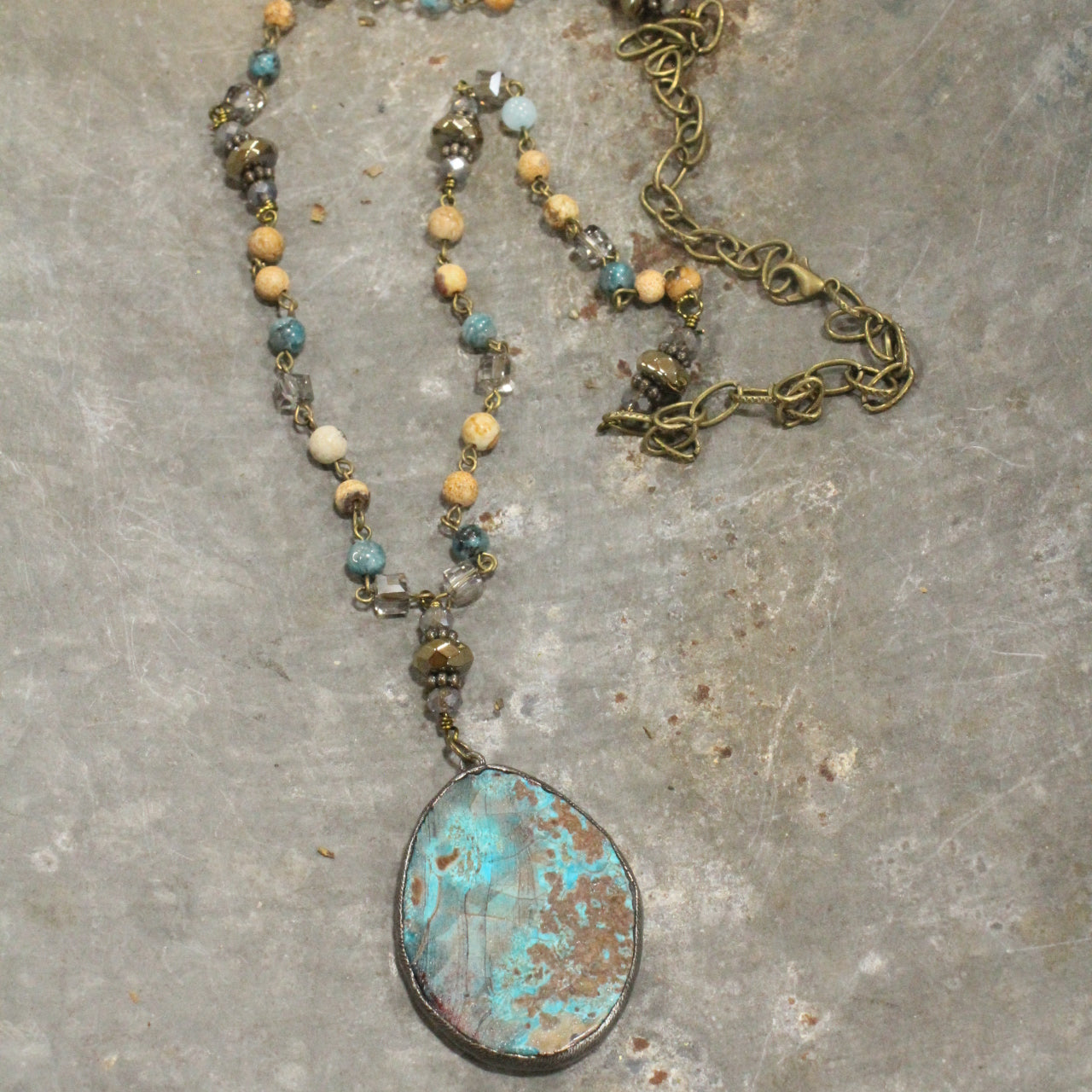 Bohemian Stone & Rosary Chain Rich Teal/Chocolate Pendant Drop Necklace Set