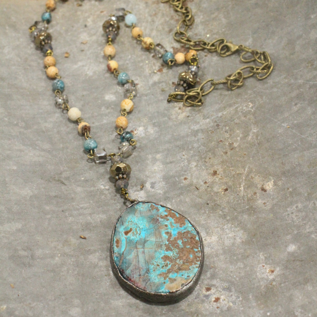 Bohemian Stone & Rosary Chain Rich Teal/Chocolate Pendant Drop Necklace Set