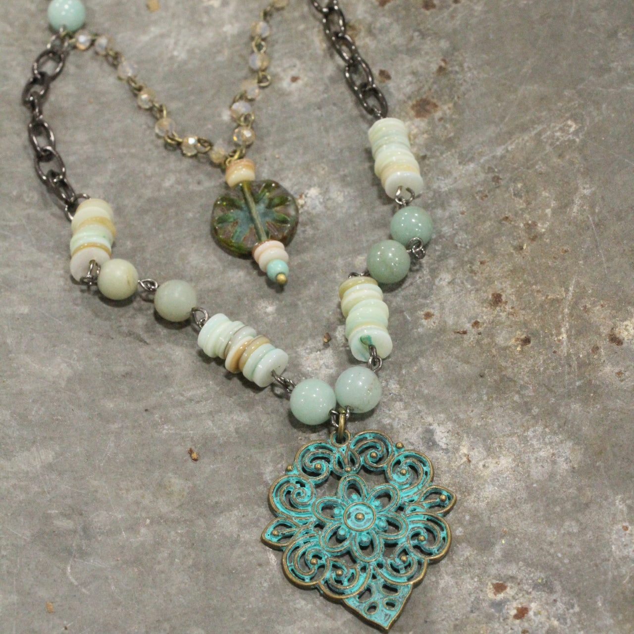 Classic Boho Layered Natural Stone & Czech Patina Pendant Necklace Set